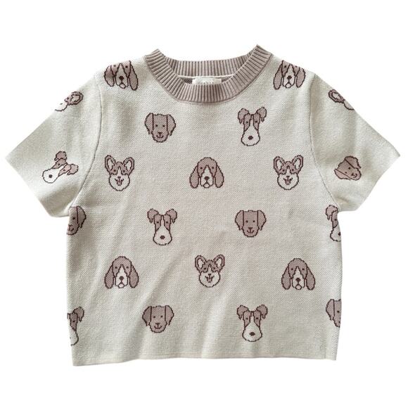 Debut Women’s Knit Short Sleeve Shirt Dogs Corgi Schnauzer Tan Size S - Picture 1 of 8